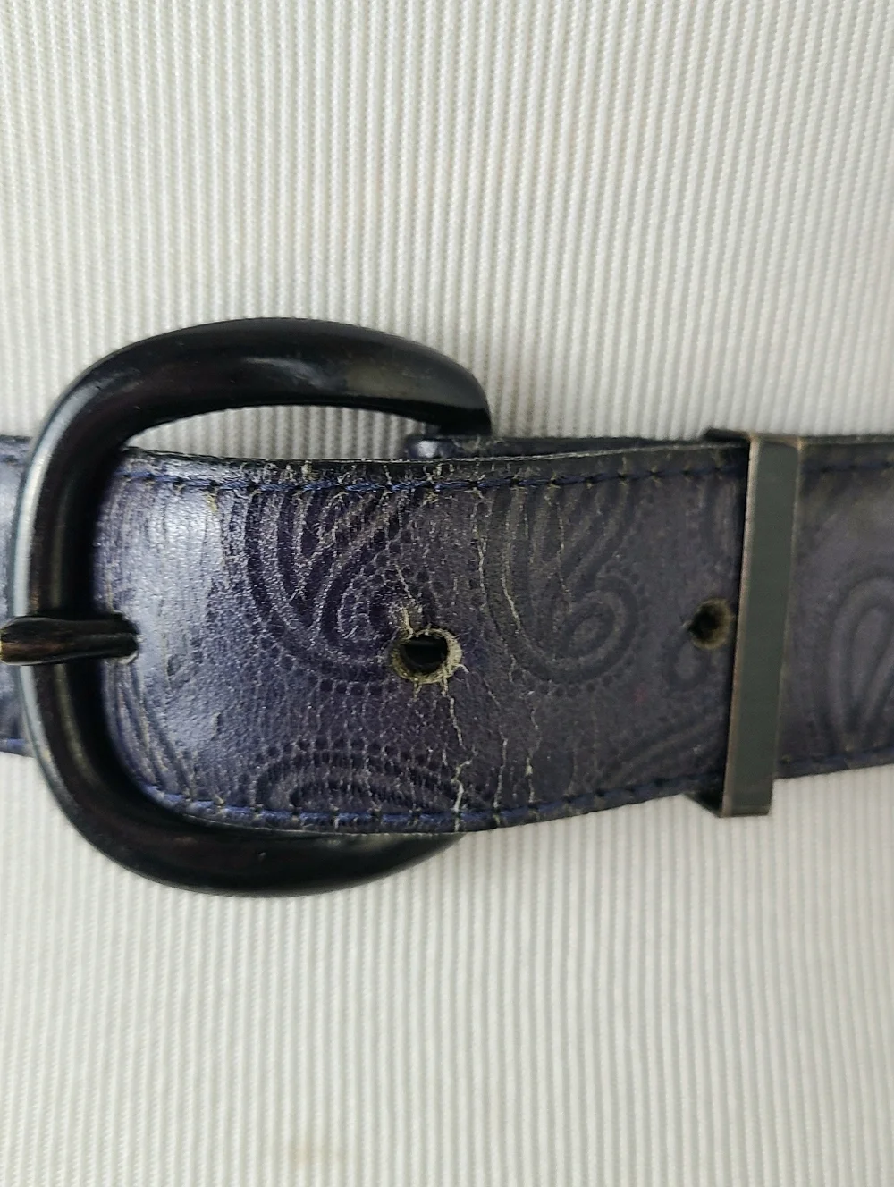 Just Jamie Tooled Paisley Navy Distressed  Italian Calfskin Leather Vintage Belt